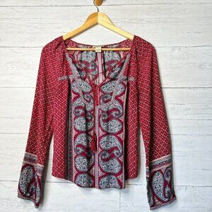 Lucky Brand Blouse Womens Size Small Red & Blue Paisley Boho Peasant Floral